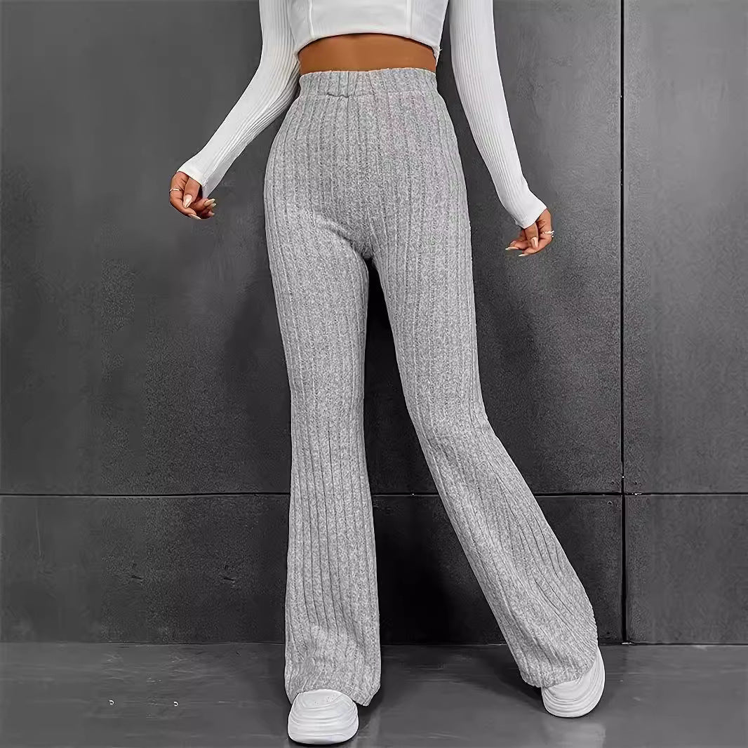 Women's Comfortable High-Waisted Ribbed Flared Knit Pants