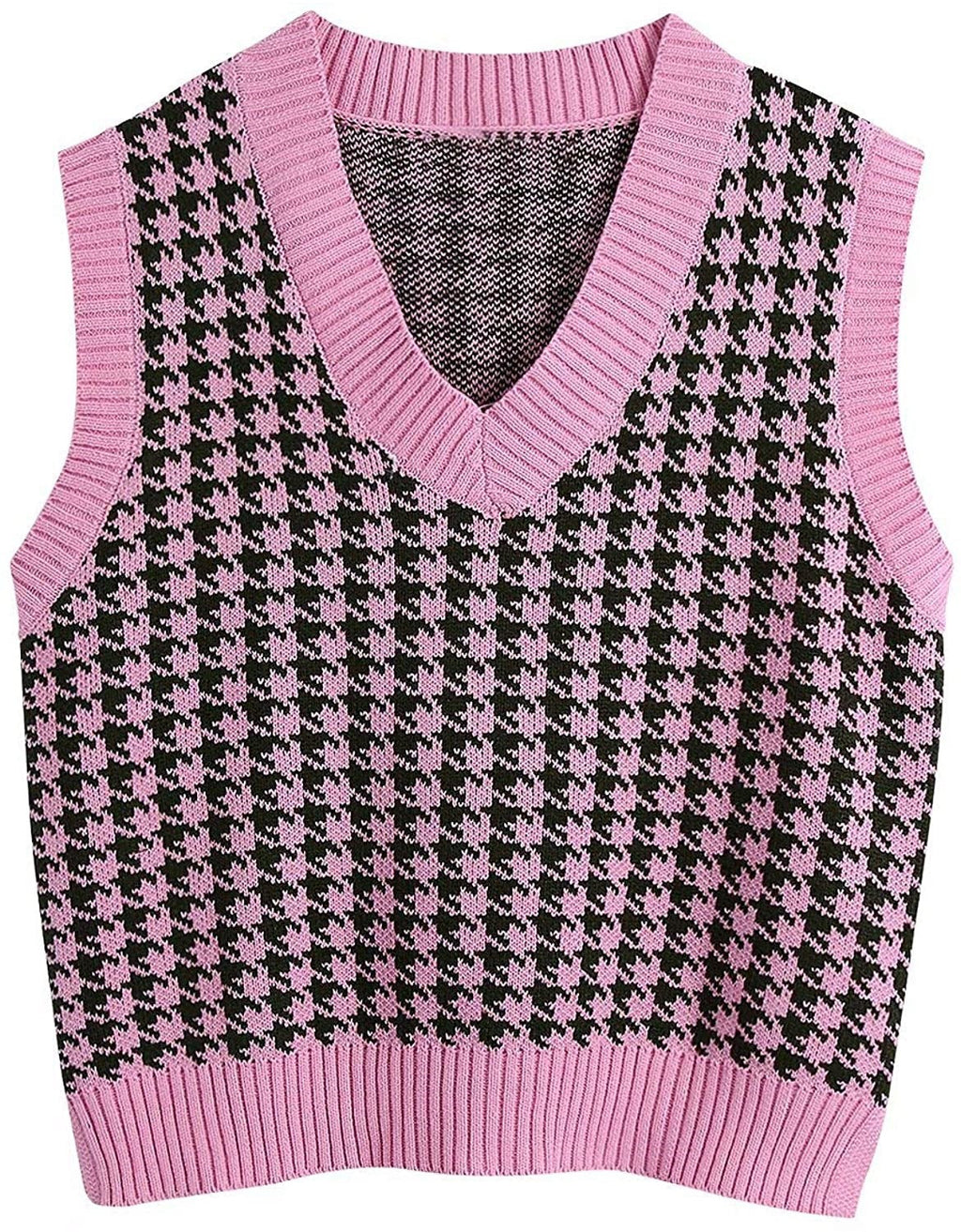 Women's Sleeveless Knit Vest with Modern Houndstooth Pattern