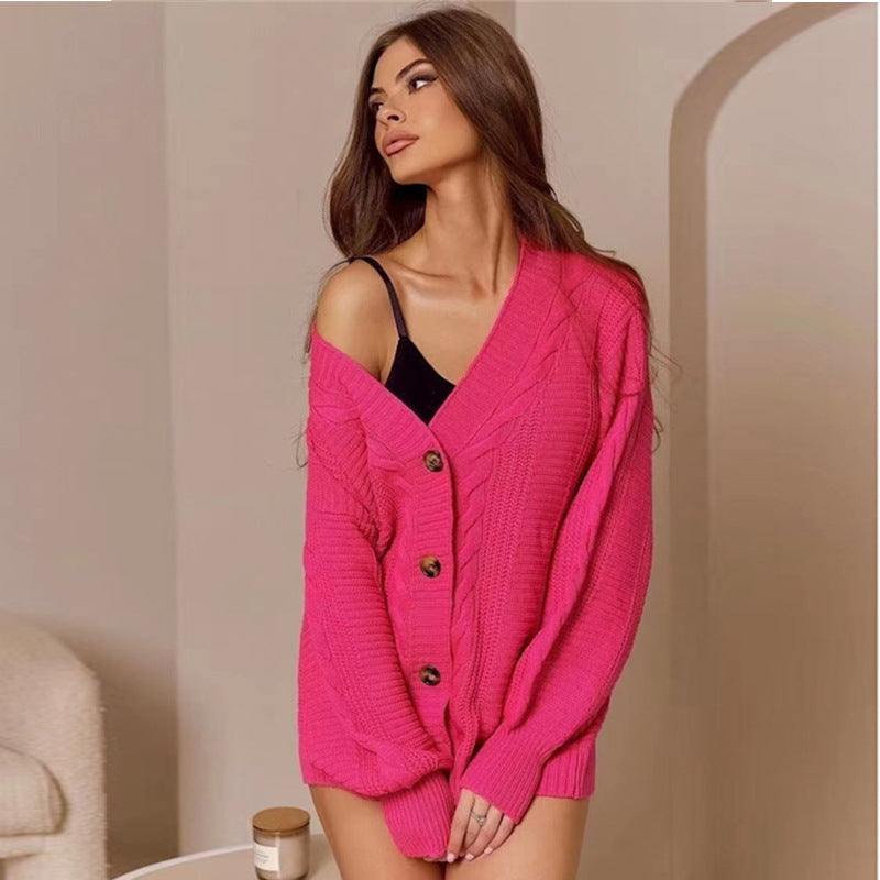 Women's Chunky Knit Cardigan with V-Neck and Button Details