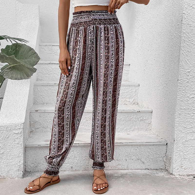 Women's Bohemian Style Casual Pants with Elastic Waist and Floral Pattern