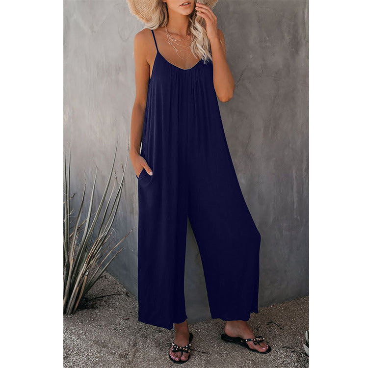 Women's Casual Summer Jumpsuit with Deep Neckline and Pockets