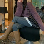 Women's Fluffy Pullover with Casual Fit and High Crew Neck