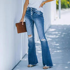 Women's Flared Jeans with High Waist and Frayed Hem