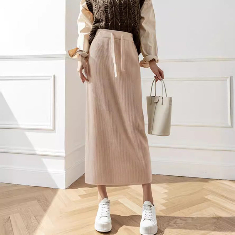 Women's Midi Skirt with Waist Tie and Ribbed Design