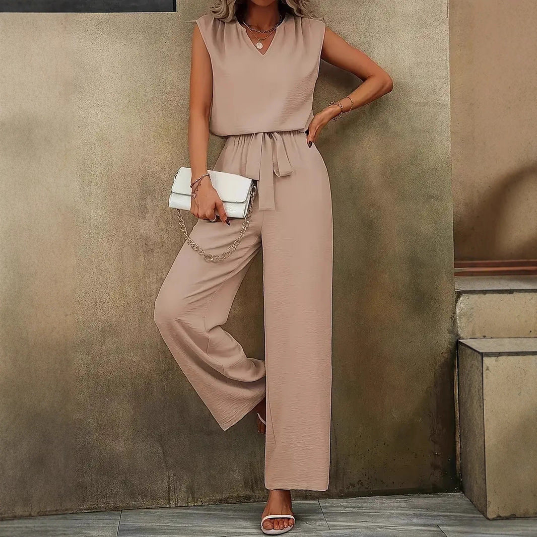 Women's Elegant Suit with V-Neck and Waist Tie