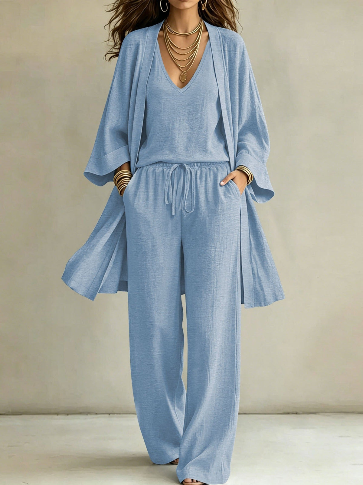 Women Casual Lounge Set with Kimono Cardigan, V-Neck Shirt and Wide Cord Pants