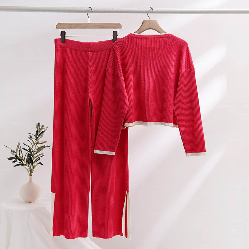 Women's Casual Knit Ensemble with High Waist and Contrast Cuffs
