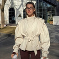 Women's Elegant Utility Jacket with High Collar and Waist Belt