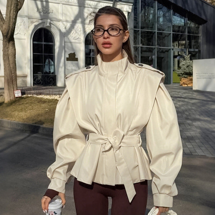 Women's Elegant Utility Jacket with High Collar and Waist Belt