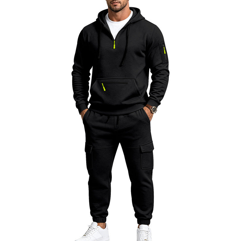Men's Two-Piece Fleece Loungewear Set with Half-Zip Hoodie and Cargo Joggers