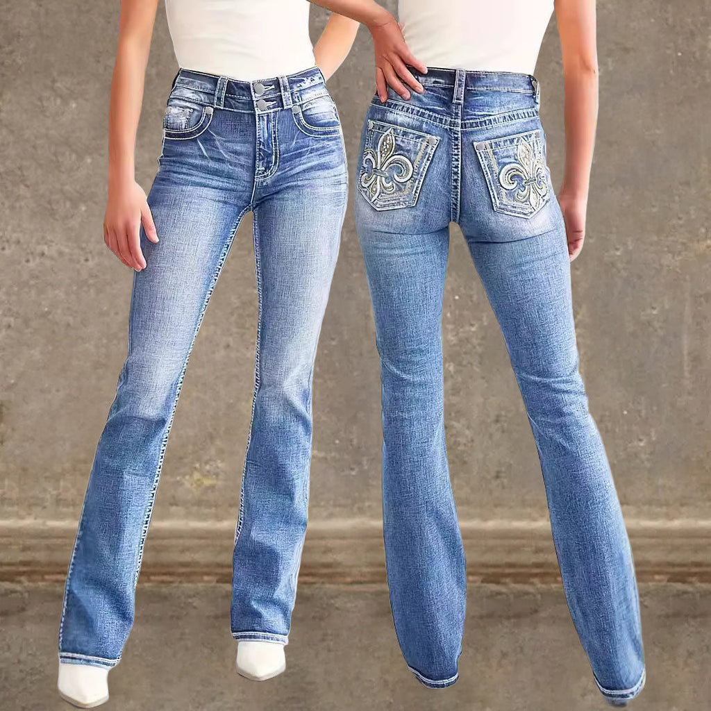 Women's Vintage-Style Flared Jeans with Embroidery