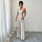 Women's Elegant Pants Suit with Fitted Top and Button Details
