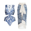 Women's Swimsuit Set with Wrap Skirt and Floral Design