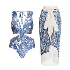 Women's Swimsuit Set with Wrap Skirt and Floral Design