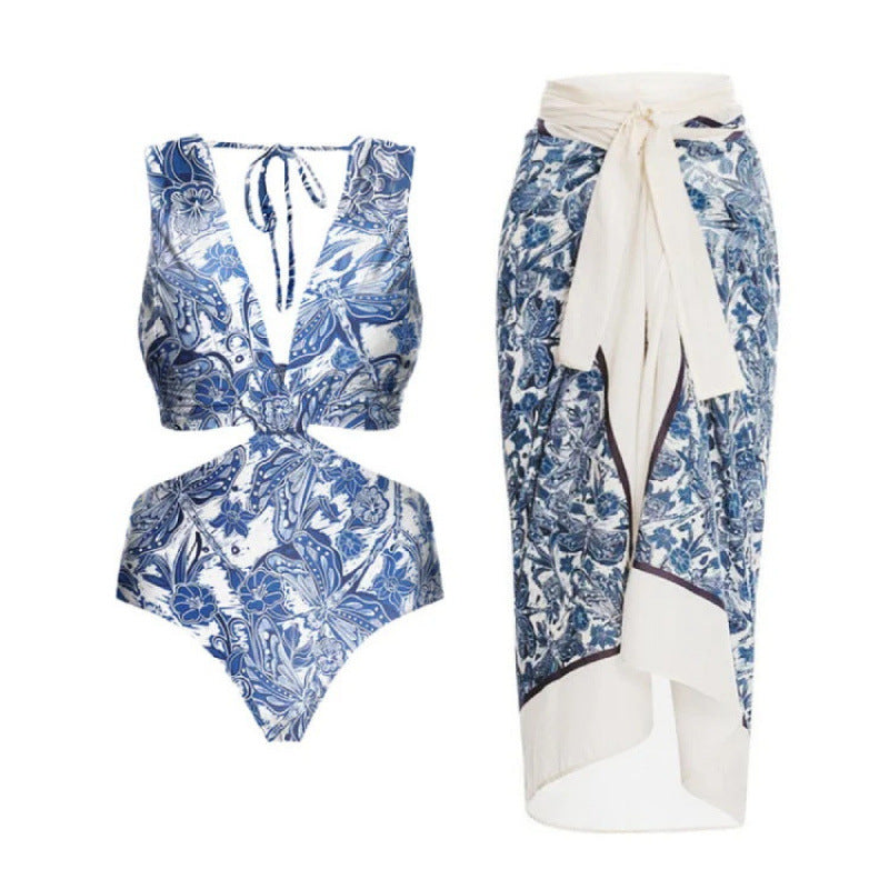 Women's Swimsuit Set with Wrap Skirt and Floral Design