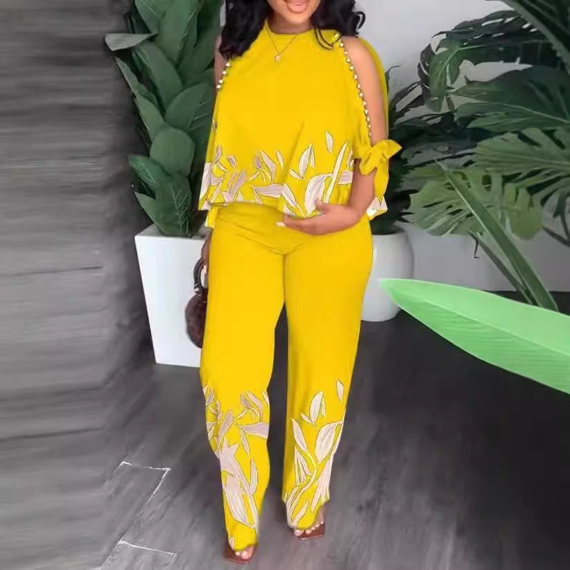 Women's Summer Outfit with Floral Design and Off-Shoulder Top