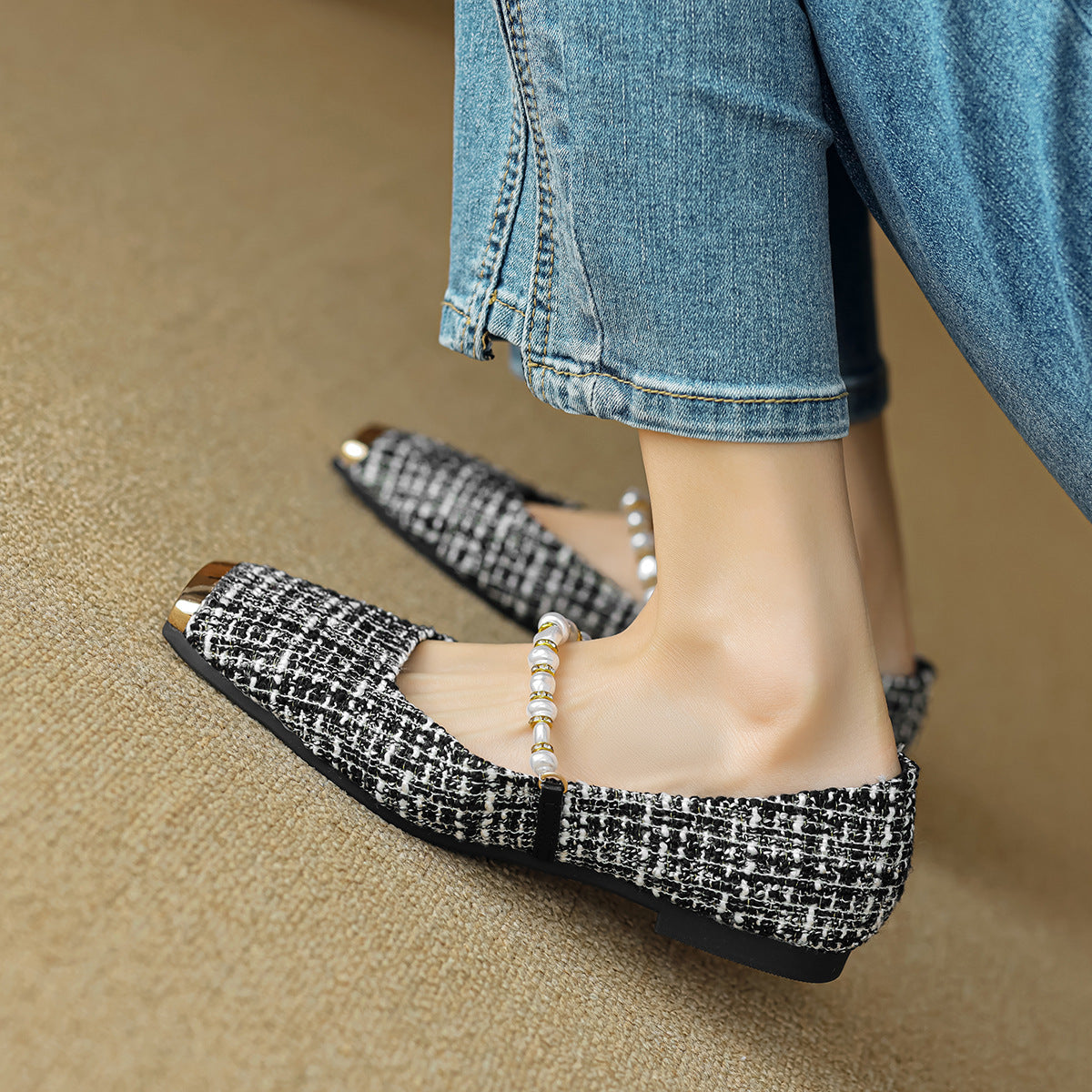 Women's Ballet Flats with Pearl Appliqué and Strap