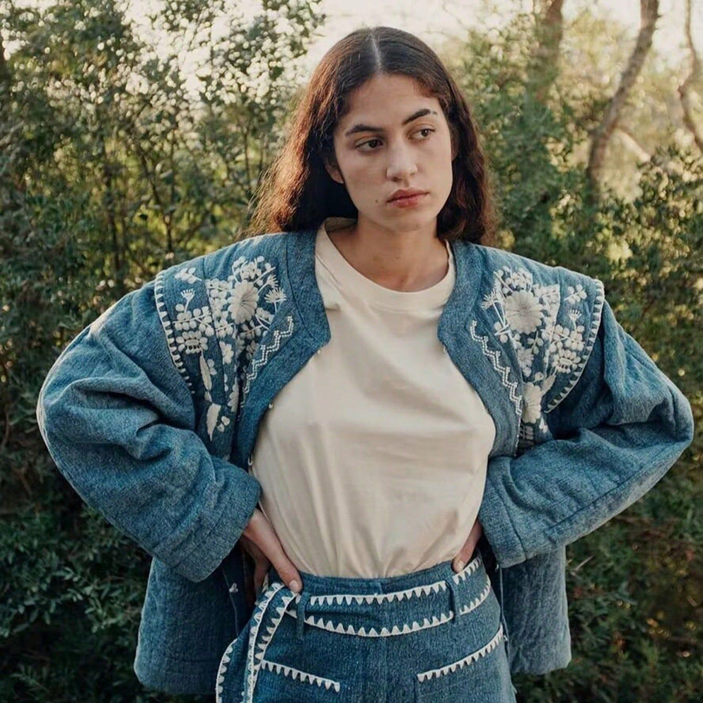 Women's Embroidered Blouson Jacket with Lightweight Cotton Material and Practical Pockets