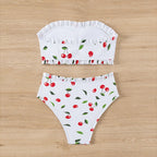 Women's Bandeau Bikini with Cherry Pattern and Ruffle