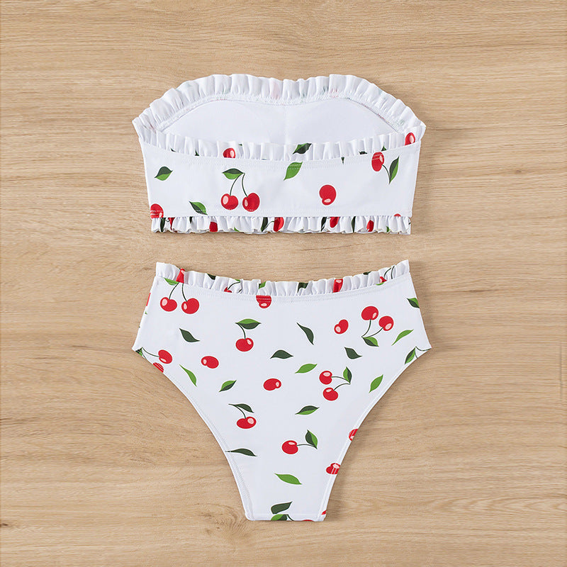 Women's Bandeau Bikini with Cherry Pattern and Ruffle
