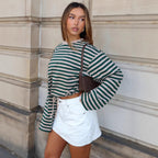Women's Cropped Striped Sweatshirt with Drawstring