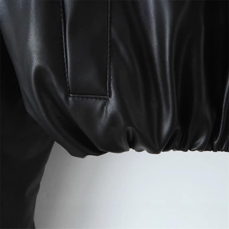 Women's Cropped Faux Leather Jacket with Pockets and Elastic Hem