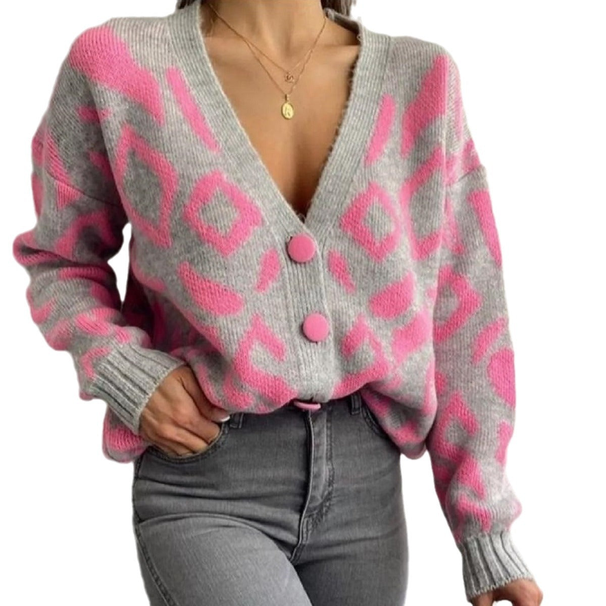 Women's Cozy Knit Cardigan with Vibrant Animal Print and Button Details