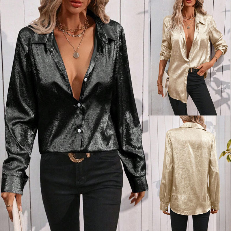 Women's Elegant Shimmering Blouse with Classic Collar
