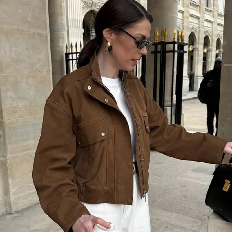 Elegant Faux Leather Jacket with Modern Stand-Up Collar