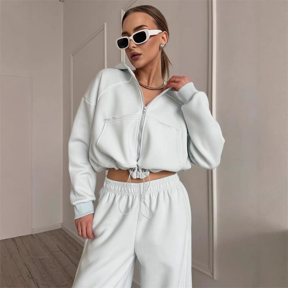 Women's Hooded Jacket and Wide Jogging Trousers Set with Contrast Stitching