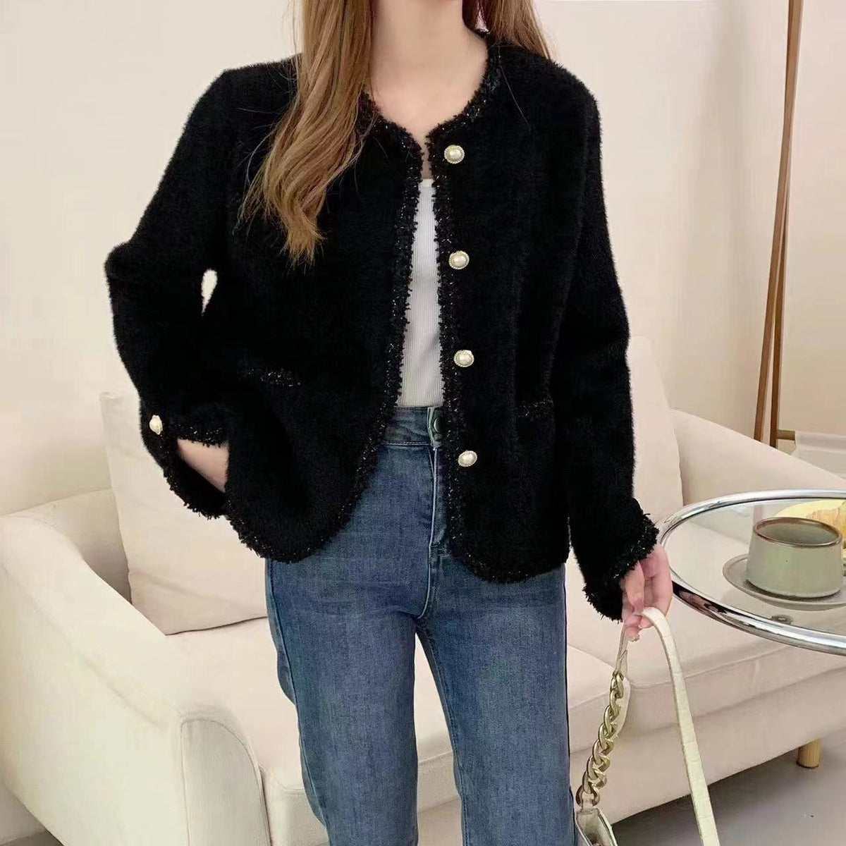 Women's Bouclé Jacket with Elegant Pearl Buttons