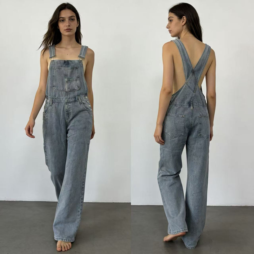 Women's Denim Overalls with Wide Leg and Low Back