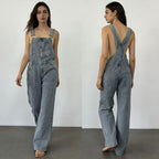 Women's Denim Overalls with Wide Leg and Low Back