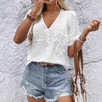 Women's Casual Blouse with Fine Lace Appliqués and Decorative V-Neck