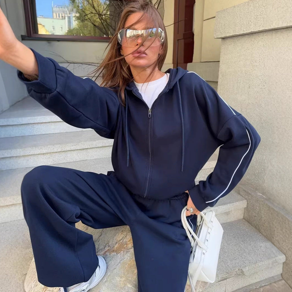 Women’s Casual French Terry Lounge Set with Short Zip Hoodie and Wide-Leg Joggers