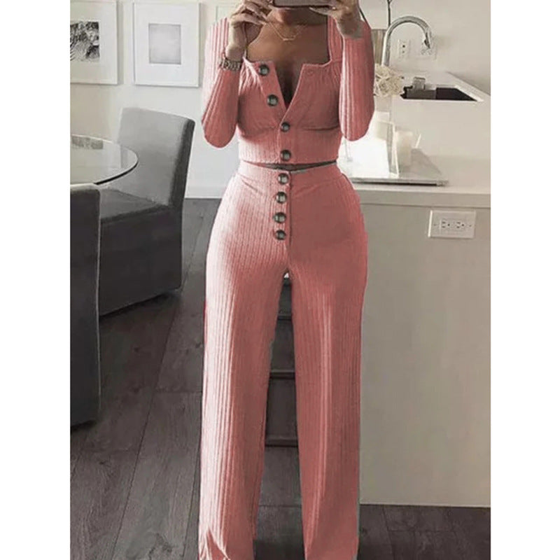 Women's Comfortable and Stylish 2-Piece Knit Suit with Button Details