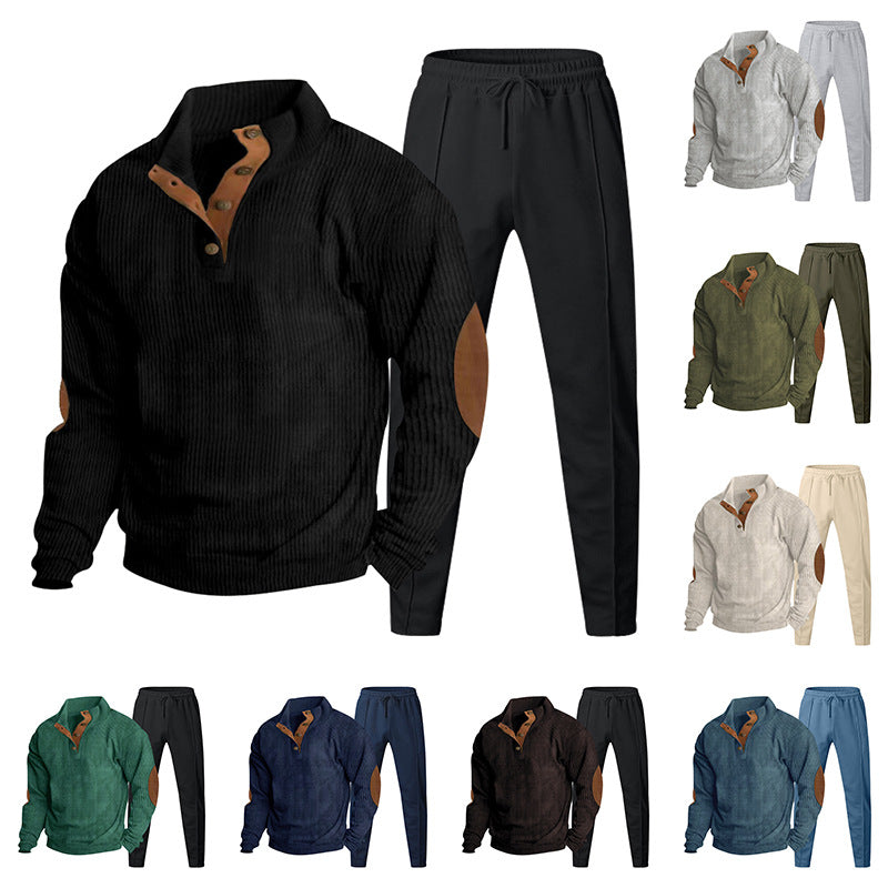Men's Structured Henley Loungewear Set with Elbow Patches & Tapered Jogger Pants