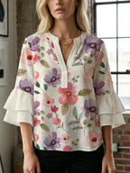 Women's Floral Top with Voluminous Ruffled Sleeves