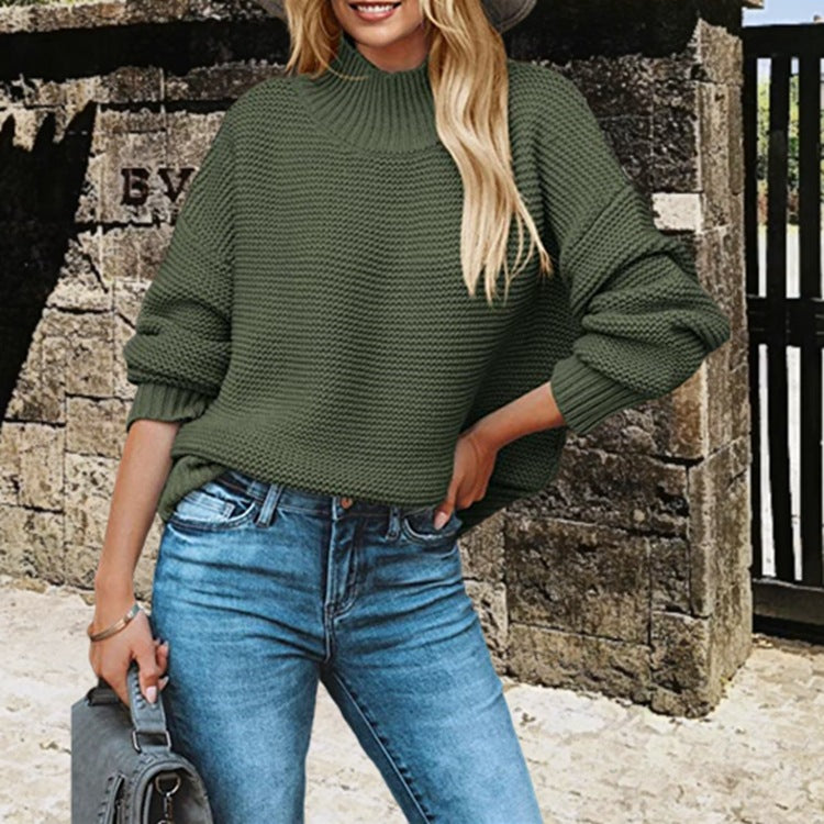 Women's Chunky Knit Sweater with High Collar and Balloon Sleeves
