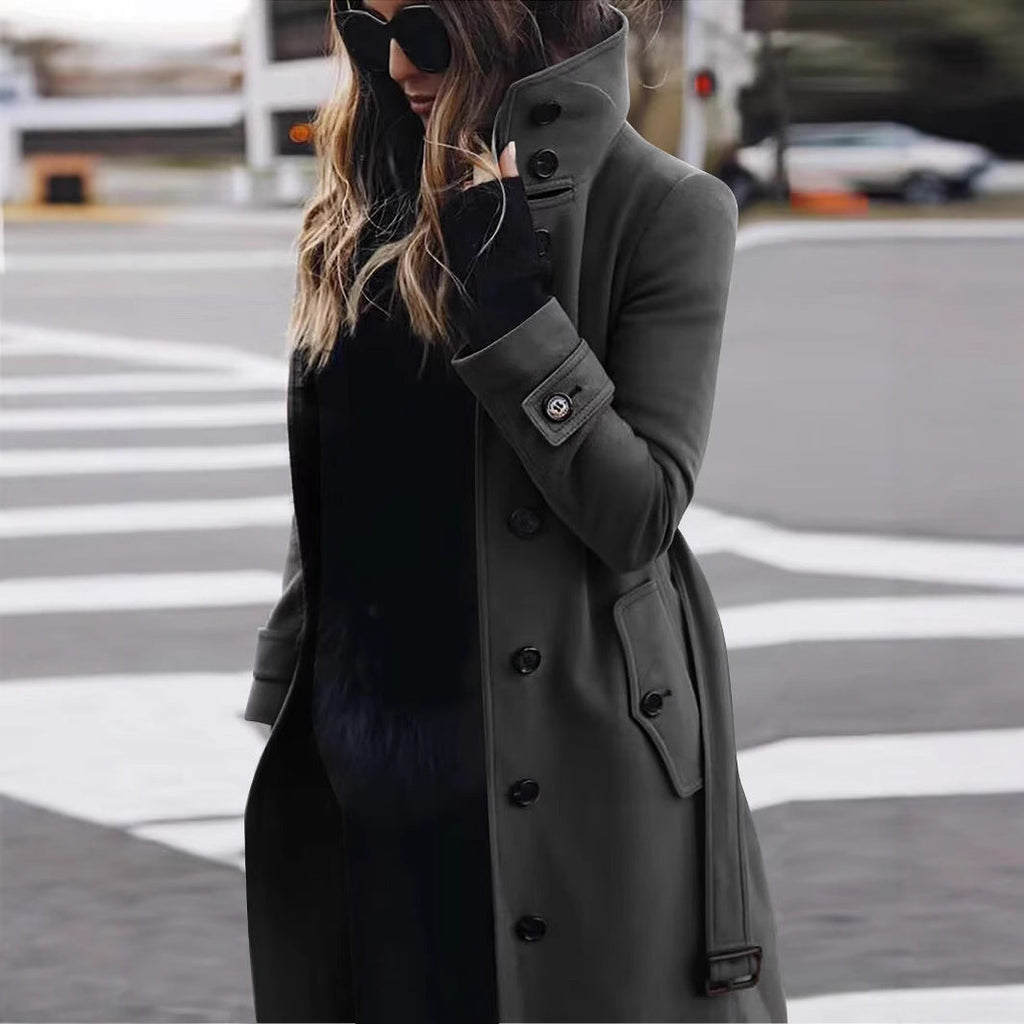 Elegant Trench Coat with High Collar and Pockets