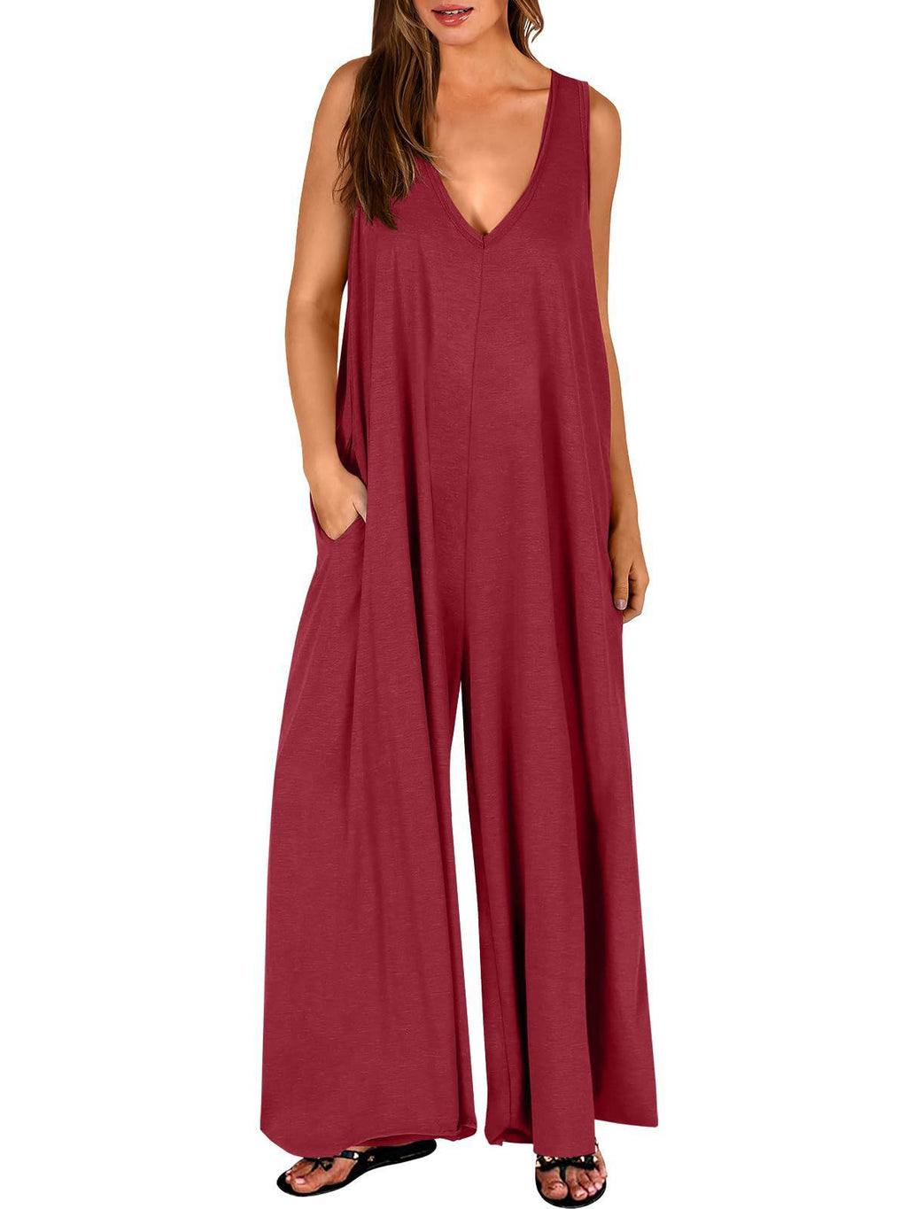 Women's Loose Jumpsuit with Deep V-Neck and Side Pockets