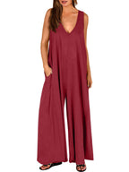 Women's Loose Jumpsuit with Deep V-Neck and Side Pockets