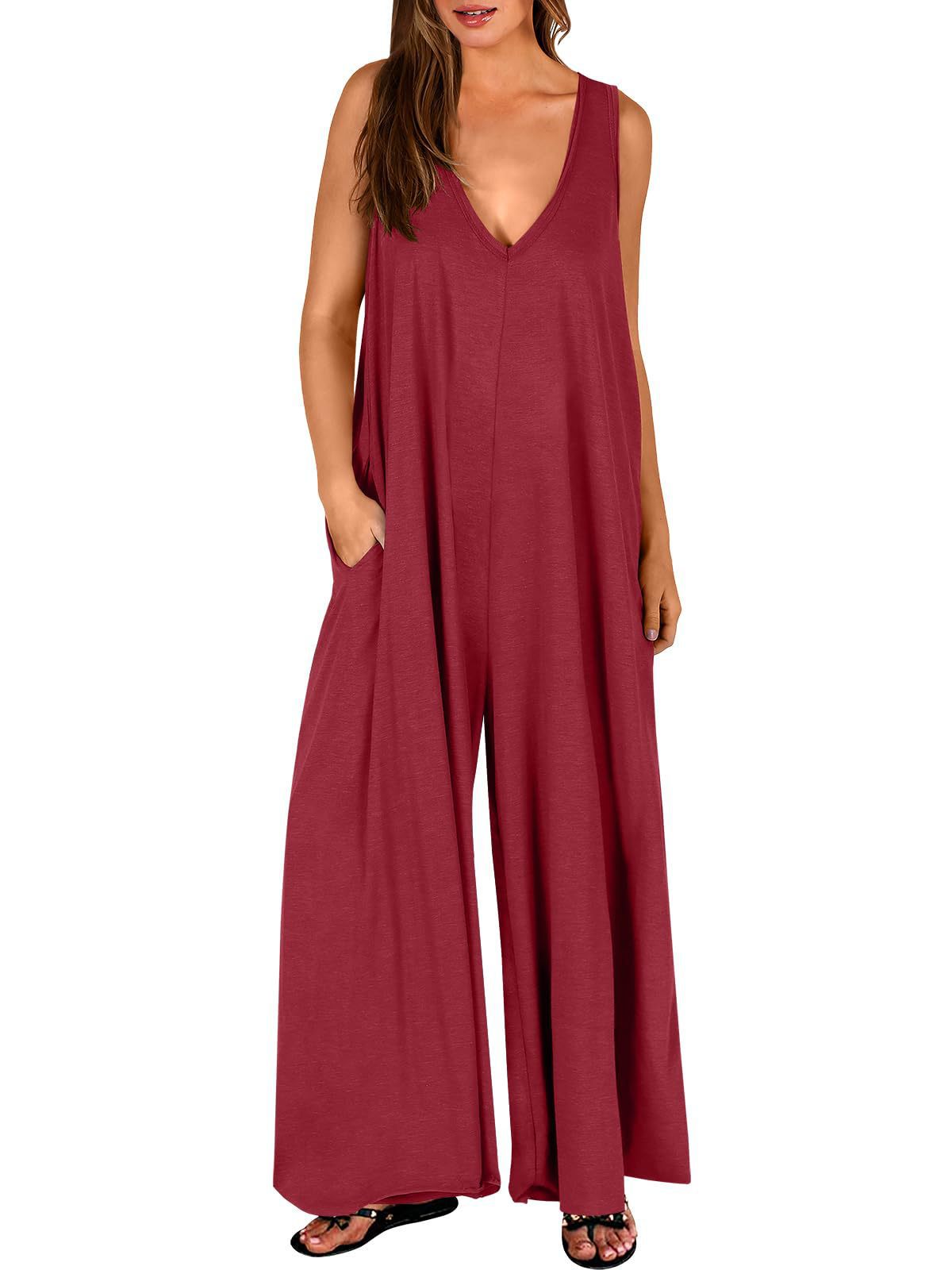 Women's Loose Jumpsuit with Deep V-Neck and Side Pockets