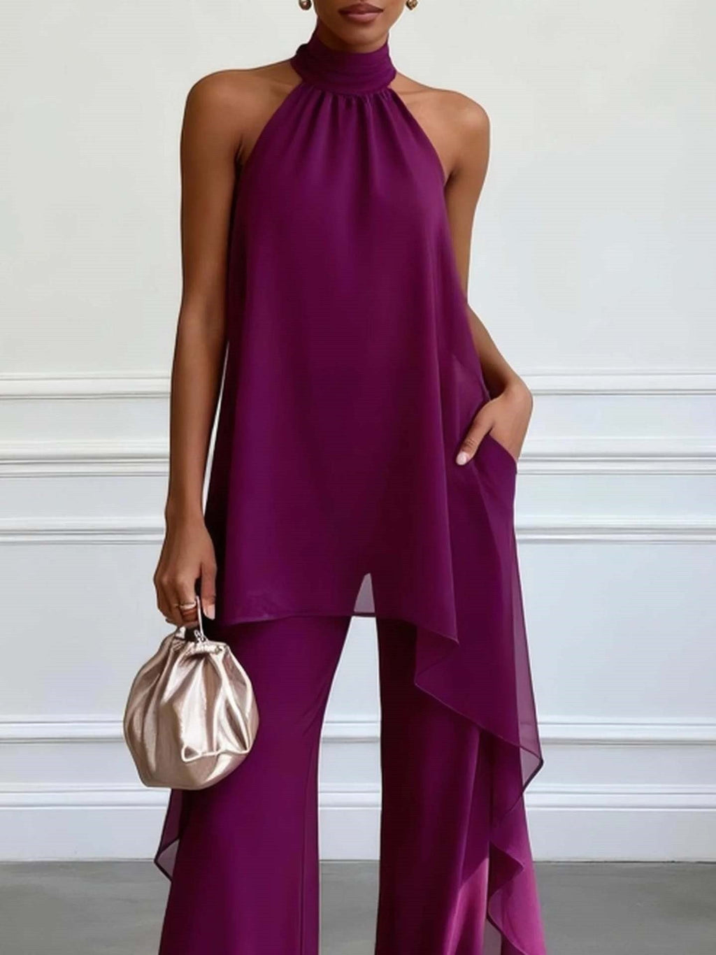 Evening Two-Piece Set with Gathered Mock Neck and Wide-Leg Trousers