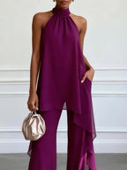 Evening Two-Piece Set with Gathered Mock Neck and Wide-Leg Trousers