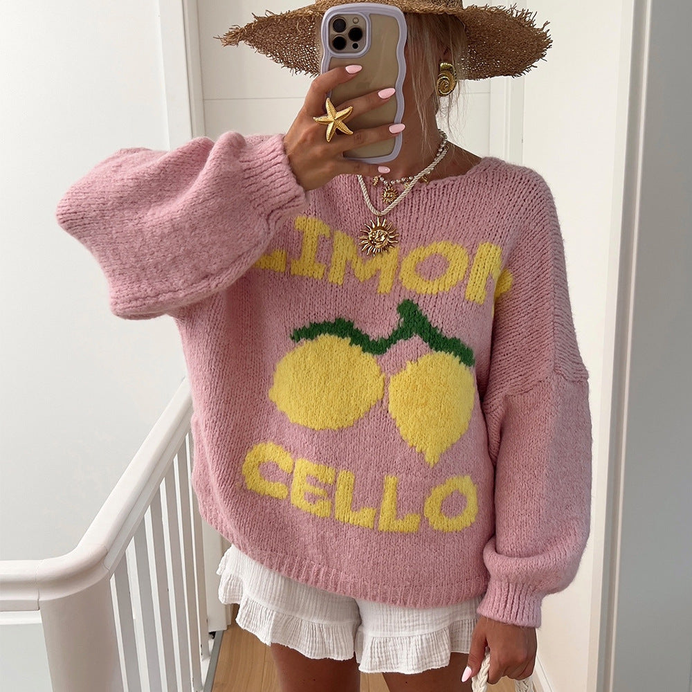 Women's Chunky Knit Cardigan with Cheerful Motif