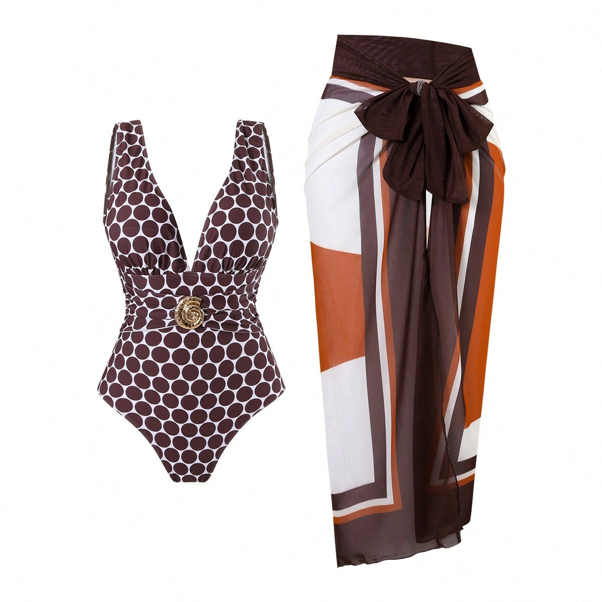 Women's Swimsuit with Feminine Wrap Skirt and Elegant Jewelry Detail