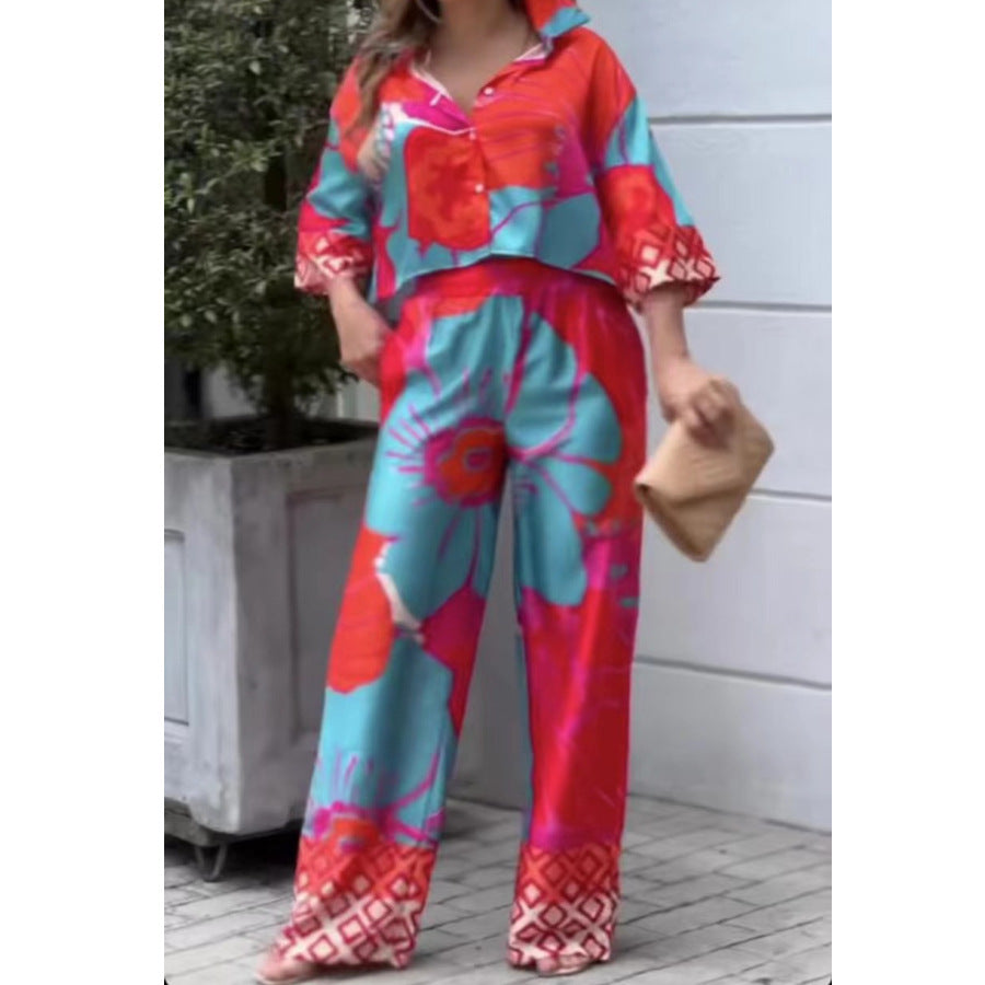 Casual Cropped Blouse and Wide-Leg Pants Set