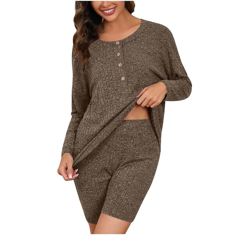 Women's Comfortable Lounge Set with Long-Sleeve Top and Shorts