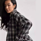 Women's Cozy Plaid Shirt with High Collar and Button Closure